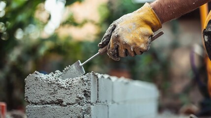 Construction worker placing concrete block