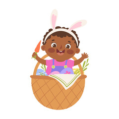 Illustration of a child in an Easter basket. Festive cartoon vector character.
