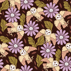 Cotton fabric Seamless pattern featuring barn owls and purple flowers on a dark brown background with botanical leaves for textiles and wallpaper