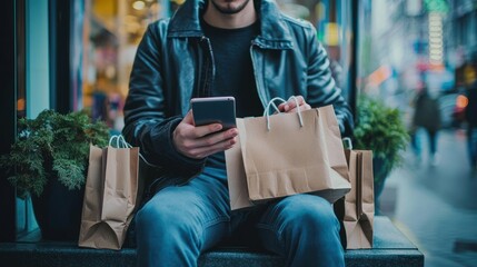 Man using phone with shopping bags