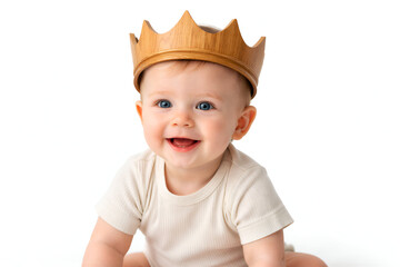 Smiling Baby Wearing Wooden oak Crown Isolated on White Background