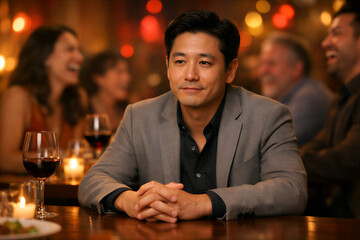 Asian Man with Forced Smile Sitting Alone at Restaurant Table with Wine, Social Isolation and Emotional Masking Concept