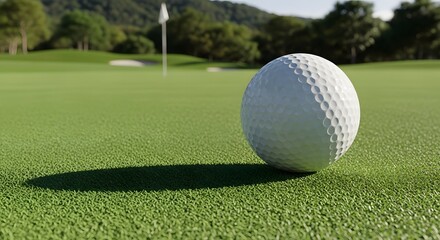 Fototapeta premium White golf ball on green putting surface with flag in background grass