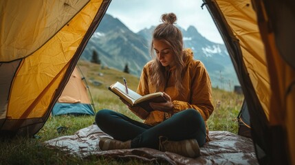 Woman reading in tent outdoors