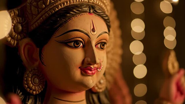 Close up of Maa Durga idol with beautiful bokeh background