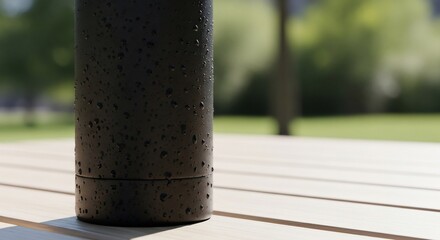 Matte Black Water Bottle with Condensation on Wooden Table in Outdoor Setting
