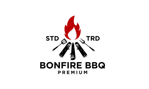 Bonfire BBQ Premium Logo with Flame, Logs, Spatula, and Grill Fork Icon