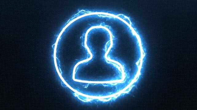Animated neon blue user profile icon with energetic electric aura, glowing and pulsing on a dark charcoal background, ideal for app UI or social media branding.