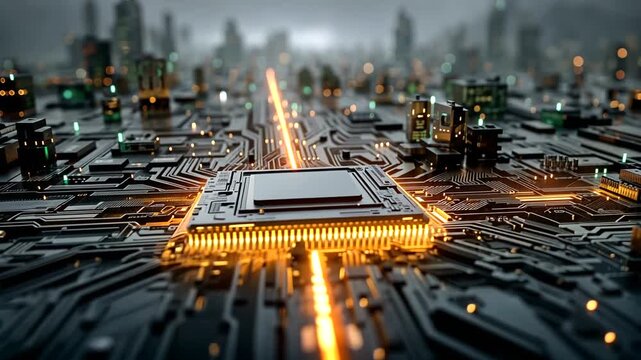 Futuristic circuit board with glowing pathways and central processor