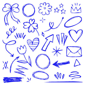 A set of hand-drawn doodle elements, a collection of cute sketchy shapes on a transparent background.