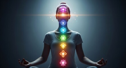 Meditative Woman with Glowing Chakras in Lotus Position, Spiritual Energy Flow