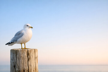Seagull Perched on Wooden Post at Calm Beach Sunrise, Peace and Tranquility Concept