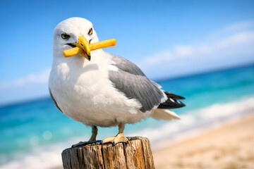 Close Up Seagull with French Fry on Beach, Humor and Food Theft Concept