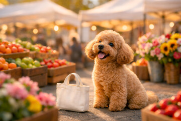Happy Toy Poodle Shopping at Farmers Market with Reusable Tote Bag