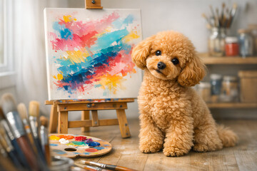 Adorable Toy Poodle Artist Beside Colorful Abstract Painting on Easel