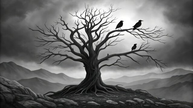Three crows perch on the bare branches of a gnarled tree against a stormy sky