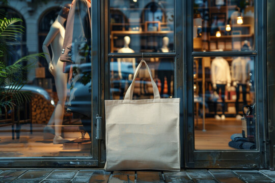Blank canvas tote bag mockup in front of a clothing store window with mannequins and urban reflection