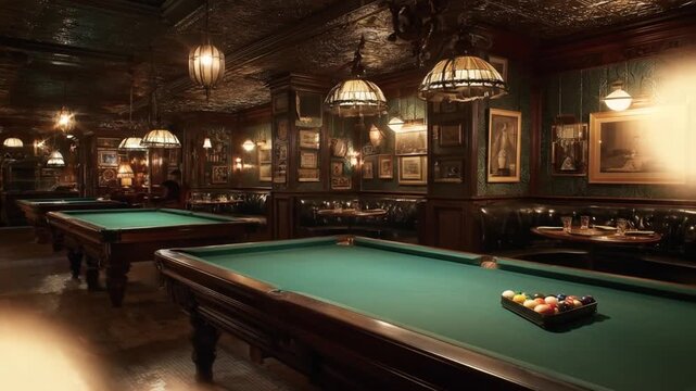 Interior of a classic pool hall with billiard tables and soft lighting