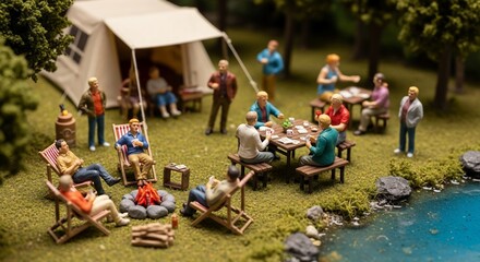 Miniature Camping Scene: Figures Playing Cards, Relaxing by Campfire, Lakeside