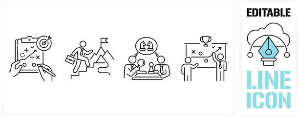 Fototapeta premium Editable line icon set in black simple and clean vector outline stroke for business strategy planning, competitive chess tactics, career climbing to success, corporate leadership and goal achievement
