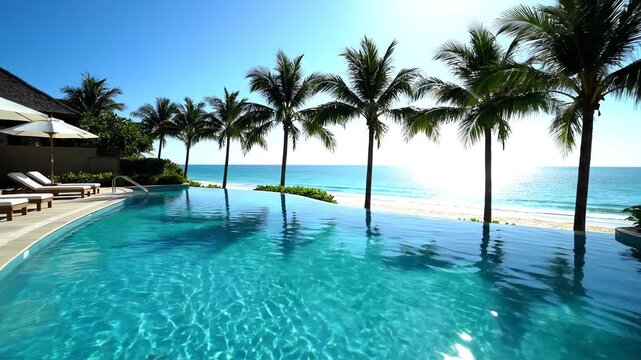 A wide shot under bright sunlight highlights the tranquil turquoise infinity pool, whose curved edge reflects the sky and palm trees at a luxurious tropical beach resort.