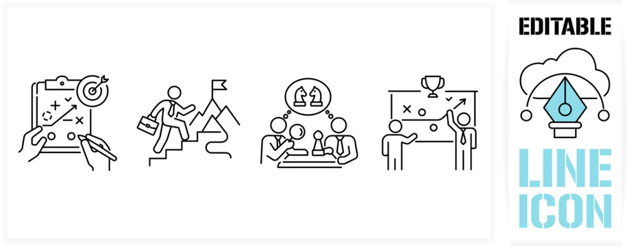 Editable line icon set in black simple and clean vector outline stroke for business strategy planning, competitive chess tactics, career climbing to success, corporate leadership and goal achievement