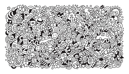 Playful town doodle illustration with small houses cars rainbows and smiley faces in a dense black and white line art composition © Arshad
