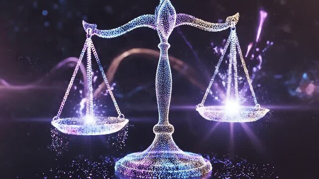 Shimmering digital scales of justice, rendered in a futuristic particle style, glow brightly while symbolizing balance against a deep violet, mysterious cosmic background.