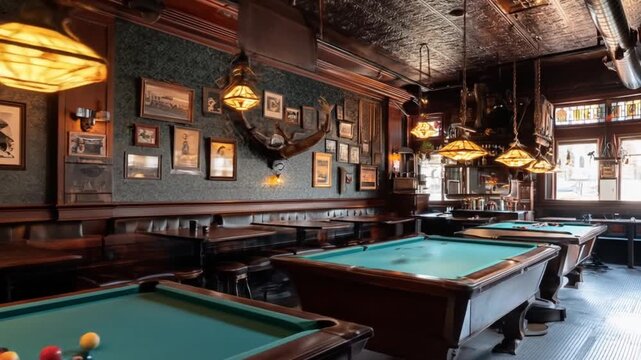 Interior view of a vintage pool hall with tables and decorative elements