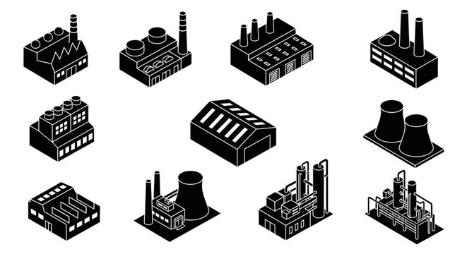 Collection of isometric industrial factory buildings and structures, representing manufacturing and production facilities