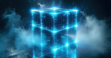 Obraz premium Glowing cube structure rises from dark surface. Blue light emanates, surrounded by misty smoke. Futuristic, digital aesthetic dominates scene.