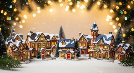 Miniature Christmas Village Scene with Snowfall and Bokeh Lights, Festive Holiday Display