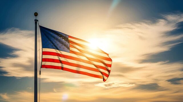 American flag waving in sunlight against blue sky with clouds patriotic symbolism 4K Ai HD high quality video.