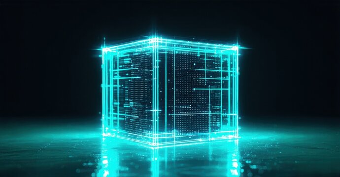 Glowing cube composed from digital data streams. Bright cyan lines form geometric structure over dark background. Futuristic concept.