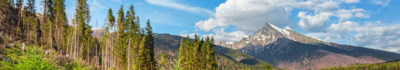 Obraz premium Kriváň mountain in the High Tatras, Slovakia, with a snow covered peak under a dramatic sky. Iconic alpine summit and national symbol surrounded by rugged mountain landscape, offering panoramic winter