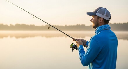Serene Angler: Man Fishing at Dawn on Misty Lake