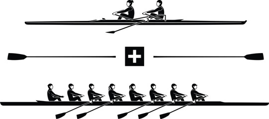 Black vector silhouette set of professional rowing teams in sculling and sweep boats with oars for competitive water sports fitness training and nautical branding © MDRAZIURRAHMAN