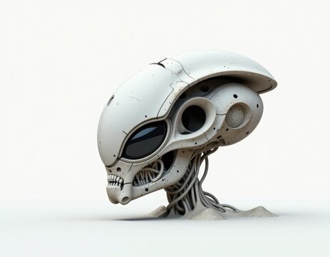 Futuristic Mechanical Alien Head Sculpture on White