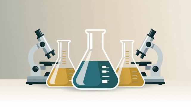 Two microscopes flank a central flask of blue liquid and flasks of gold liquid
