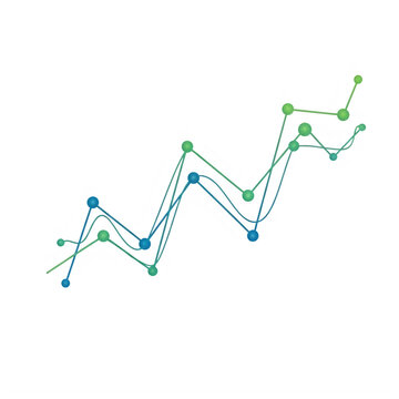 Abstract line graph with green and blue dots and lines isolated on transparent background