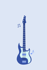 Naklejka premium Minimal vertical poster featuring electric guitar on clean light blue background. Ideal for concert promotion, music festival advertising or modern event branding.