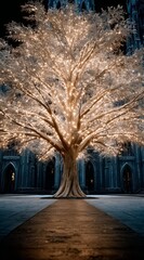 Large tree is lit up with lights, creating a warm and inviting atmosphere in the dark room