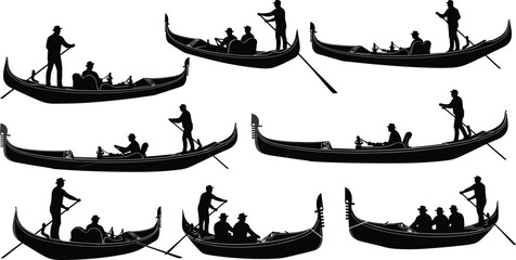 Black vector silhouette set of traditional Venetian gondolas with gondoliers and tourists for Italy travel tourism Venice canal vacation and nautical lifestyle branding illustration, © MDRAZIURRAHMAN
