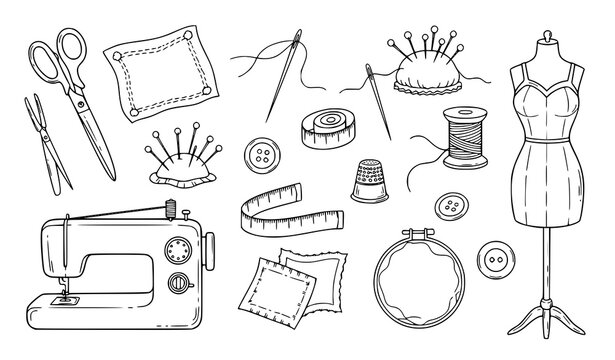 Sewing tools doodle outline vector set