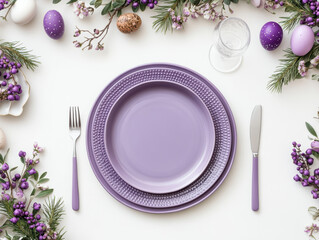 Lavender Easter table setting with purple plates, napkins and decorated eggs. Elegant spring dining composition floral garland on light background.