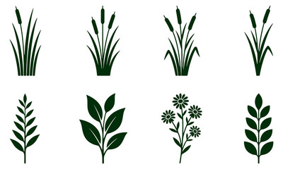Variety of green plant silhouettes, including cattails and leafy branches