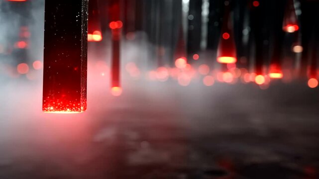 Jagged, dark, crystalline structures with bright red light emanate from them, creating an ethereal, smoky atmosphere