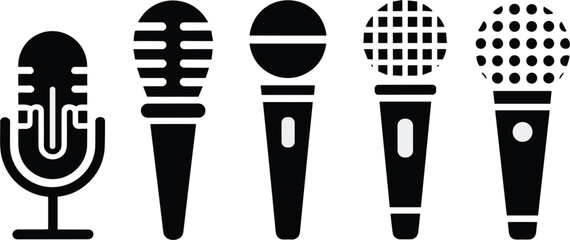 Collection of handheld microphone head icons including dynamic and vocal recording styles for digital audio production and podcast logo design © Romana