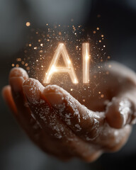 AI in Hand: A close-up shot of a human hand cupping glowing AI letters, symbolizing the embrace of artificial intelligence, innovation, and technological advancement.