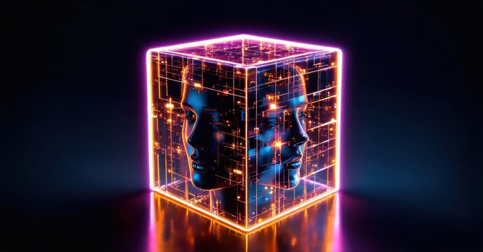 Glowing cube contains mirrored human faces. Complex circuitry visible within, reflecting bright neon light. Dark background enhances visual impact.